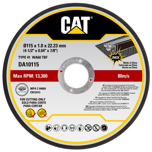 Disco Corte Metal Inox. 4.1/2"x 1.0mm x 7/8" Centro Plano (Pack 10)