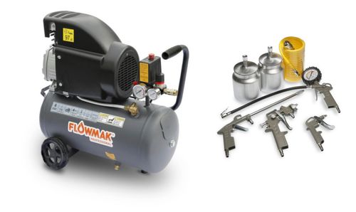 Compresor de Aire 50L 2HP 8BAR 220V + KIT de 5 Pzs FLOWMAK 201704